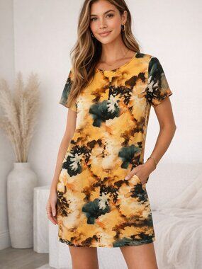 Lulus Womens Small Abstract Floral Dress Yellow Orange Short Sleeve Shift Mini